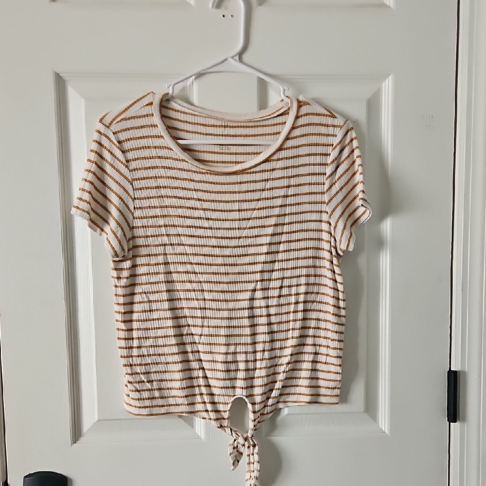 American Eagle Outfitters Beige and Brown Striped Tie-Front Tee